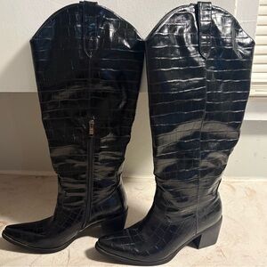 Black Croc-Embossed Knee-High Boots